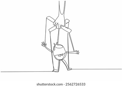 Single one line drawing hand holding hand puppet of an employee or a politician. A satirical performance. Folk entertainment. National Day of Puppetry. Continuous line design graphic illustration