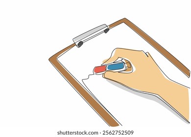 Single one line drawing hand is erasing writing on paper on clipboard with a rubber eraser. Delete unnecessary notes. Efficient. National Rubber Eraser Day. Continuous line design graphic illustration