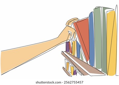 Single one line drawing hand takes one of the books from bookshelf full of books. The librarian carries out his duties. Literacy. National Librarian Day. Continuous line design graphic illustration