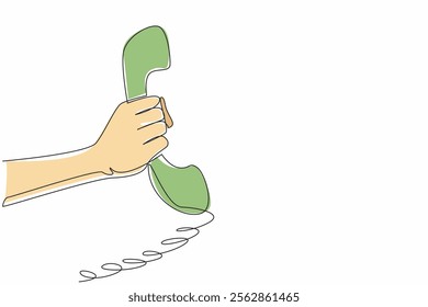 Single one line drawing hand holding a retro telephone receiver with its coiled cord. Pick up a phone call. Old-school technology. National Telephone Day. Continuous line design graphic illustration