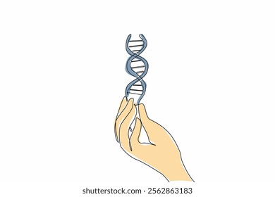 Single one line drawing hand with a gesture of cupping fingers and there is a DNA symbol. Taking blood samples for random checks. Health. National DNA Day. Continuous line design graphic illustration