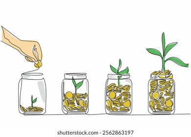 Single one line drawing hand inserts a coin into a jar containing a pile of coins and a tree. Investment for the future. National Financial Awareness Day. Continuous line design graphic illustration