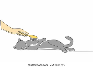 Single one line drawing hand combing a sleeping cat with an animal comb. Simple care that requires patience. Concern. National Hairball Awareness Day. Continuous line design graphic illustration