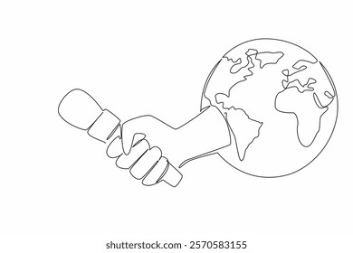 Single one line drawing the hand that comes out while holding the microphone in the middle of the globe. Threats to press freedom. World Press Freedom Day. Continuous line design graphic illustration