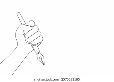 Single one line drawing hand holding a pen. Writing news. Notes on democratic events. Journalists are on duty journalism. Media. World Press Freedom Day. Continuous line design graphic illustration