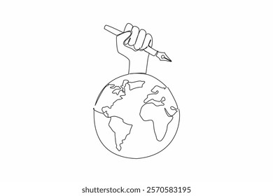 Single one line drawing hand holding a pen on a globe. Journalists record news. To be reported to the whole world. Democracy notes. World Press Freedom Day. Continuous line design graphic illustration