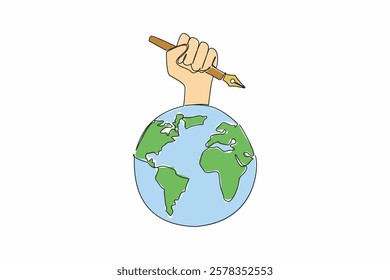 Single one line drawing hand holding a pen on a globe. Journalists record news. To be reported to the whole world. Democracy notes. World Press Freedom Day. Continuous line design graphic illustration