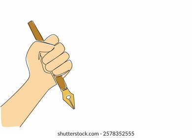 Single one line drawing hand holding a pen. Writing news. Notes on democratic events. Journalists are on duty journalism. Media. World Press Freedom Day. Continuous line design graphic illustration