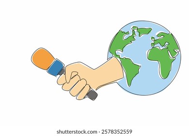 Single one line drawing the hand that comes out while holding the microphone in the middle of the globe. Threats to press freedom. World Press Freedom Day. Continuous line design graphic illustration