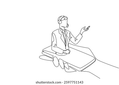 Single one line drawing hand hold smartphone with male customer support coming out of the screen. Online explanation. International Customer Support Day. Continuous line design graphic illustration