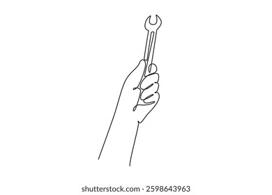 Single one line drawing hand of mechanic male holding stainless steel wrench key in workshop. Handyman or mechanic tools for repair or service. Continuous line draw design graphic vector illustration