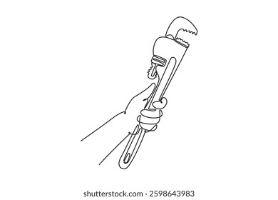 Single one line drawing hand of plumber male holding stainless steel pipe wrench upward. Handyman tools for preventing or fix the leaks. Modern continuous line draw design graphic vector illustration