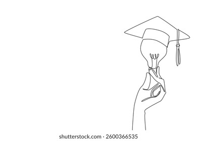 Single one line drawing hand holding a bulb on top of which is a graduation cap. A symbol of the desire to achieve the highest education. Holding Bulb. Continuous line design graphic illustration