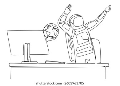 Single one line drawing hand of astronaut out of monitor screen while holds globe. Getting good news from earth. Feeling of enthusiasm. Things from Screen. Continuous line design graphic illustration