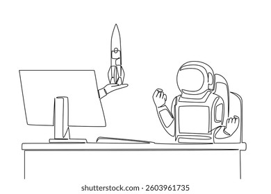 Single one line drawing hand of astronaut out of monitor screen while holding a rocket. Expedition rocket successfully refurbished. Things from Screen. Continuous line design graphic illustration