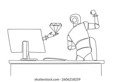 Single one line drawing hand of robot out of monitor screen while holding a diamond. The luxury of artificial intelligence. Smart robot. Things from Screen. Continuous line design graphic illustration