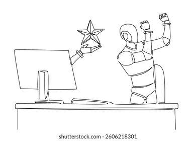 Single one line drawing hand of robot out of monitor screen while holding a star shape. Programmed to always give the best. High tech. Things from Screen. Continuous line design graphic illustration
