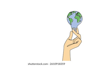 Single one line drawing hand holding a bulb whose surface is like a globe. Symbolism of environmentally friendly electricity. Bright future. Holding Bulb. Continuous line design graphic illustration
