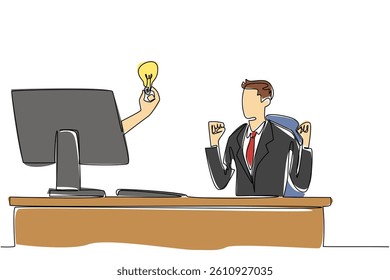 Single one line drawing hand out of the monitor screen holding a bulb lamp. Cheer up with the brilliant idea that came. Innovation. Things from Screen. Continuous line design graphic illustration