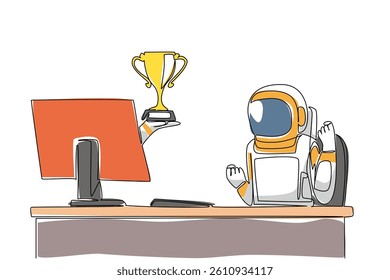 Single one line drawing hand of astronaut out of monitor screen while holding a trophy. Recognition of expedition achievements. Happy. Things from Screen. Continuous line design graphic illustration