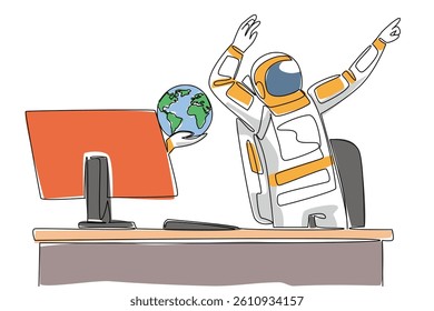 Single one line drawing hand of astronaut out of monitor screen while holds globe. Getting good news from earth. Feeling of enthusiasm. Things from Screen. Continuous line design graphic illustration