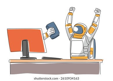 Single one line drawing hand of astronaut out of monitor screen while holding a thick book. Adventure book. Survival in space. Bookworm. Things from Screen. Continuous line design graphic illustration
