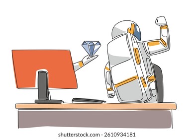 Single one line drawing hand of astronaut out of monitor screen while holds diamond. Luxurious diamonds from the moon. Unmatched luxury. Things from Screen. Continuous line design graphic illustration