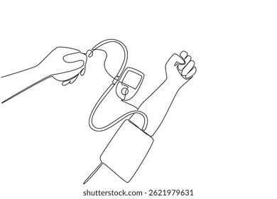 Ein einzeiliges Zeichnungsblatt wird gespannt. Regelmäßige routinemäßige Gesundheitskontrollen. Die Bedeutung der Gesundheit erkennen. Gesundes Leben. Welttag der Hypertonie. Grafische Illustration zum Liniendesign