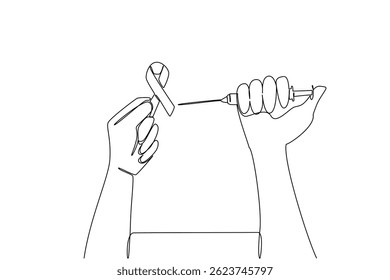 Single one line drawing hand holding injection and wanting to inject red ribbon symbol of AIDS. Disables viruses. Fight. National HIV Vaccine Awareness Day. Continuous line design graphic illustration