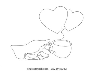 Single one line drawing hand holding cup of hot coffee or tea. Continuous line draw design graphic vector illustration. Editable stroke.