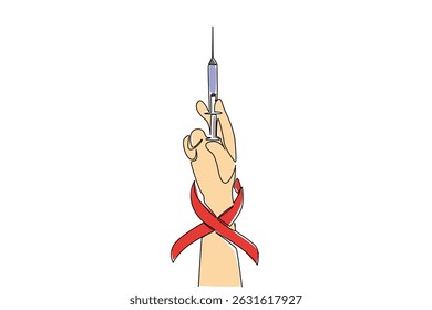 Enkele lijn tekening hand houden van een injectie met een rood lint op de pols. Dokter. Solidariteit. Genezende werking. Nationale HIV Vaccin Awareness Day. Illustratie van doorlopend lijnontwerp