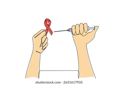 Uma única linha desenhando a mão segurando a injeção e querendo injetar símbolo de fita vermelha da AIDS. Desativa vírus. Lute. Dia Nacional de Conscientização sobre a Vacina contra o HIV. Ilustração gráfica de design de linha contínua