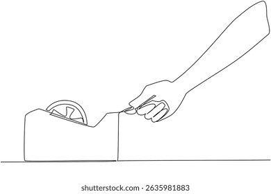 Una sola línea dibujando la mano tomando el aislamiento del lugar de aislamiento. Tecnología para pegar. Color claro transparente. Equipo. Cinta Nacional de Celofán. Ilustración gráfica de diseño de línea continua