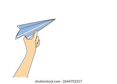 Single one line drawing hand holding paper airplane. Sharpen creativity. Symbols of happiness do not have to be expensive toys. National Paper Airplane Day. Continuous line design graphic illustration