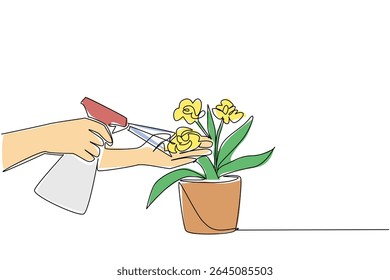 Single one line drawing hand spraying flowering plants in pots. Caring for flower pots for home decoration. The art of caring. National Water a Flower Day. Continuous line design graphic illustration
