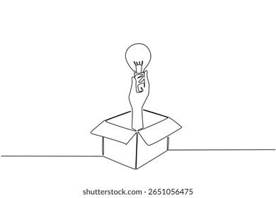 Single one line drawing hand comes out of cardboard holding bulb lamp. Crossing the boundaries for limitless creativity. Creative. National Creativity Day. Continuous line design graphic illustration