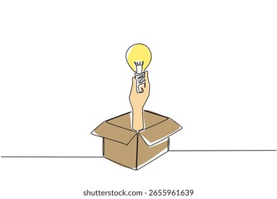 Eine einzige einzeilige Ziehhand kommt aus der Papphalterlampe. Grenzüberschreitung für grenzenlose Kreativität. Kreativ. Nationaler Tag der Kreativität. Grafische Illustration zum Liniendesign