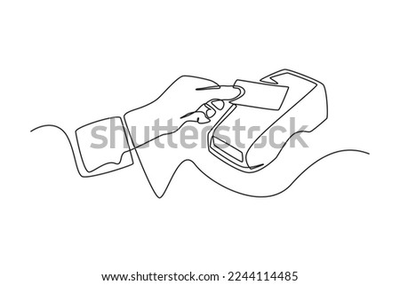 Single one line drawing hand using a credit or debit card for transactions through the terminal. Cashless payment concept. Continuous line draw design graphic vector illustration.