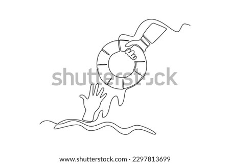 Single one line drawing hand gives lifebuoy. SOS concept. Continuous line draw design graphic vector illustration.