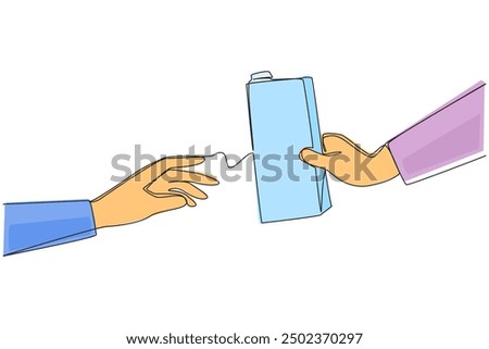 Single one line drawing hand giving tetra pack of milk. Share healthy moments together. Real milk drinks full of protein. Good for maintaining body health. Continuous line design graphic illustration