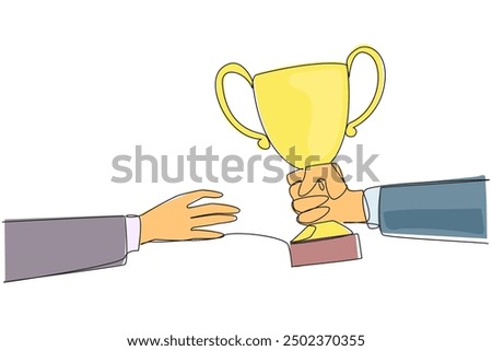 Single one line drawing hand gives a trophy to colleague. Success in developing a jointly produced business. Great partners who make business even greater. Continuous line design graphic illustration