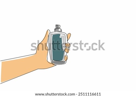 Single one line drawing hand holding perfume bottle. Eau de toilette. Eau de parfum. Extrait de parfum. Perfume. Fragrance levels. National Fragrance Day. Continuous line design graphic illustration