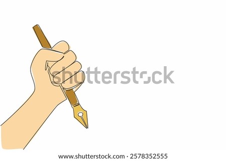 Single one line drawing hand holding a pen. Writing news. Notes on democratic events. Journalists are on duty journalism. Media. World Press Freedom Day. Continuous line design graphic illustration