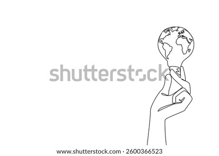 Single one line drawing hand holding a bulb whose surface is like a globe. Symbolism of environmentally friendly electricity. Bright future. Holding Bulb. Continuous line design graphic illustration