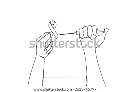 Single one line drawing hand holding injection and wanting to inject red ribbon symbol of AIDS. Disables viruses. Fight. National HIV Vaccine Awareness Day. Continuous line design graphic illustration