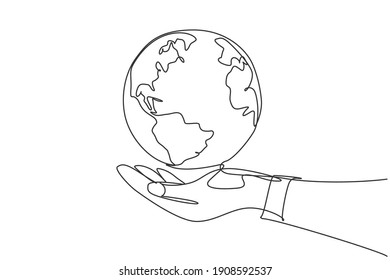 Single One Line Drawing Of Hands Hold Round Earth. Globe Icon Silhouette For World Protect Concept. Infographics, Business Presentation Isolated On White Background. Design Vector Graphic Illustration