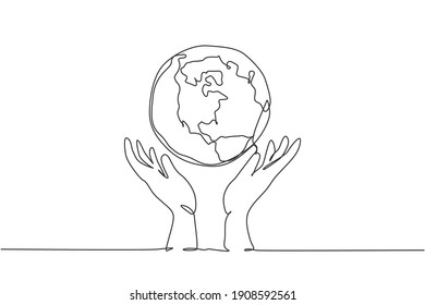 Single one line drawing of hands holding earth logo. World protect icon silhouette for education concept. Infographics presentation isolated on white background. Design vector graphic illustration