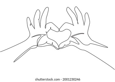 Single one line drawing hands making sign symbol heart by fingers  Beautiful hands and copy space  Love concept and hand gestures  Modern continuous line draw design graphic vector illustration