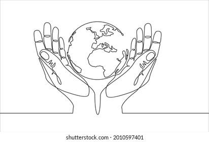 Single one line drawing of hands hold round earth. Globe icon silhouette for world protect concept. Infographics, business presentation isolated on white background. Design vector graphic illustration