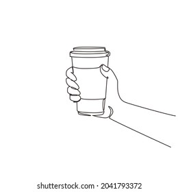 Single one line drawing hands in side view hold paper to go take away coffee tea cups  Hand holding reusable mug hot coffee  Zero waste  Continuous line draw design graphic vector illustration